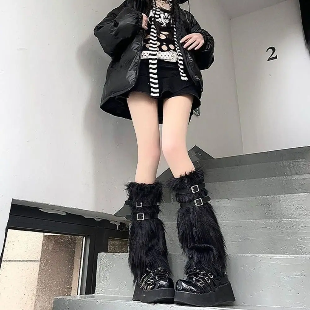 

Winter with Leather Belt Boot Socks Faux Fur Warm Soft Foot Covers Knee High Lolita Punk Ankle Warmer Women Girls