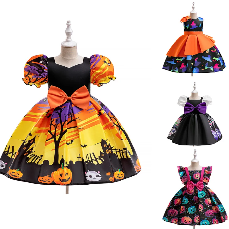 

Halloween Little Girl Horror Skull Ghost Witch Costume Infant Baby Pumpkin Bat Print Skeleton Vampire Masquerade Party Dress