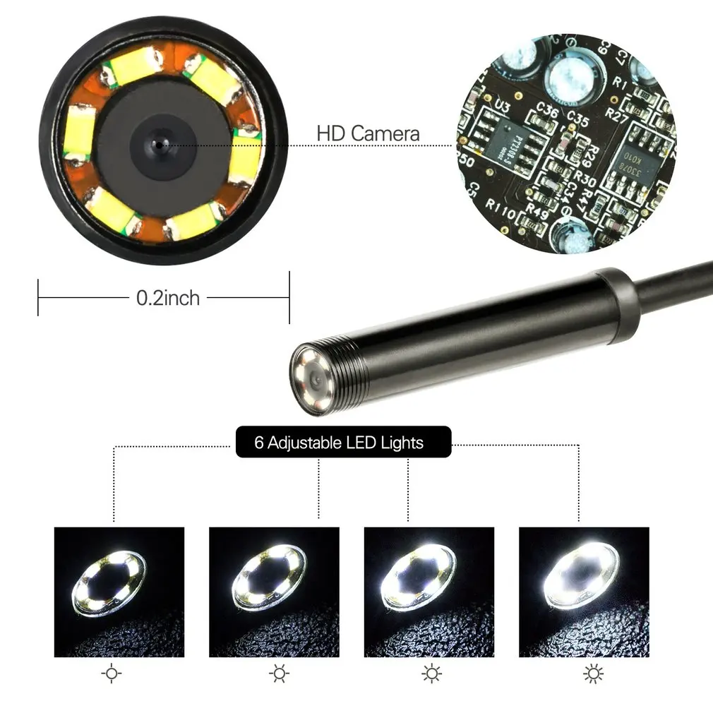 7mm Endoscope Camera Flexible IP67 Waterproof Micro USB Inspection Borescope Camera for PC Notebook 6LEDs Adjustable