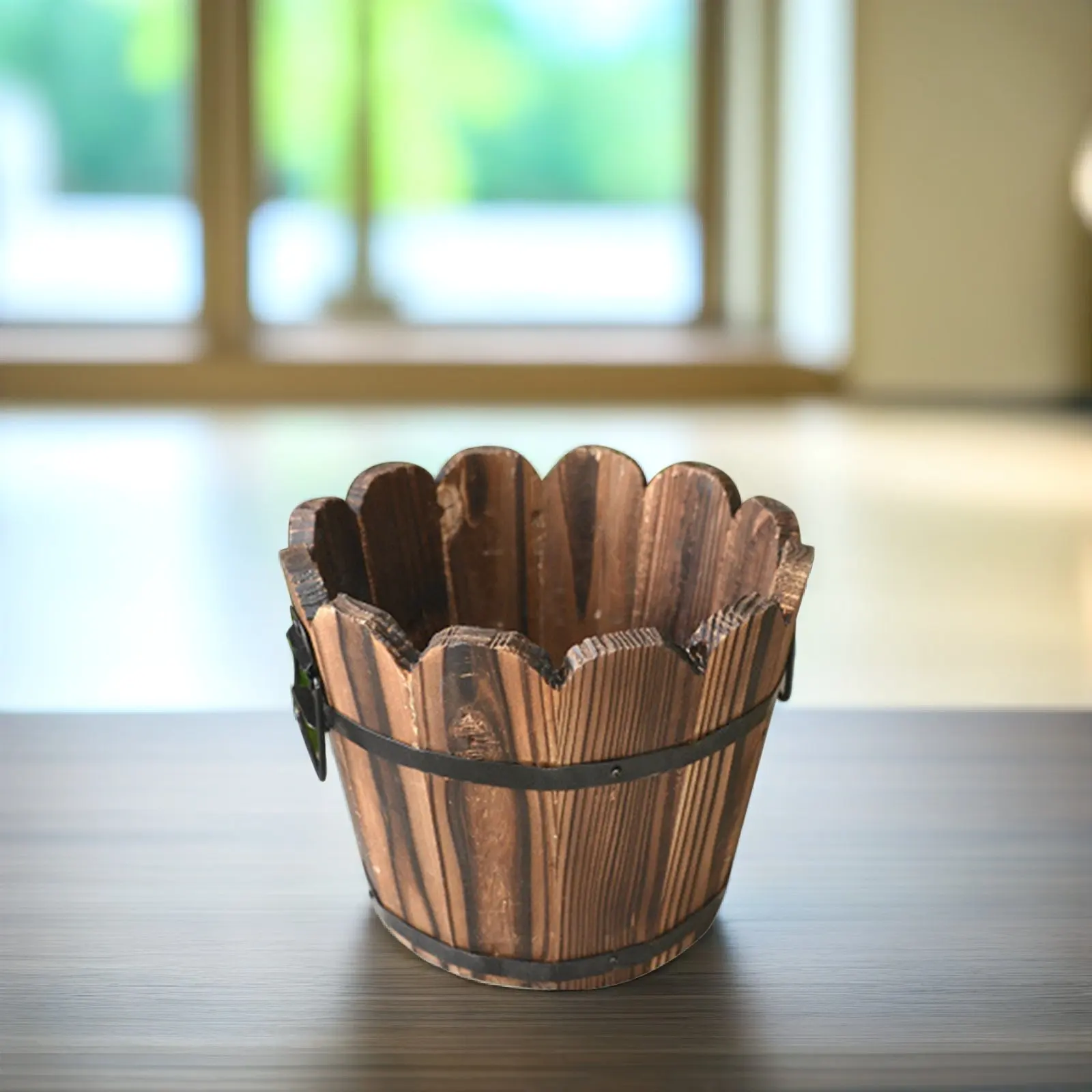 Solid Wood Carbonized Flower Pot Small Retro Wooden Barrel Wave Mouth Desktop Balcony Succulents Plant Pot Home Office