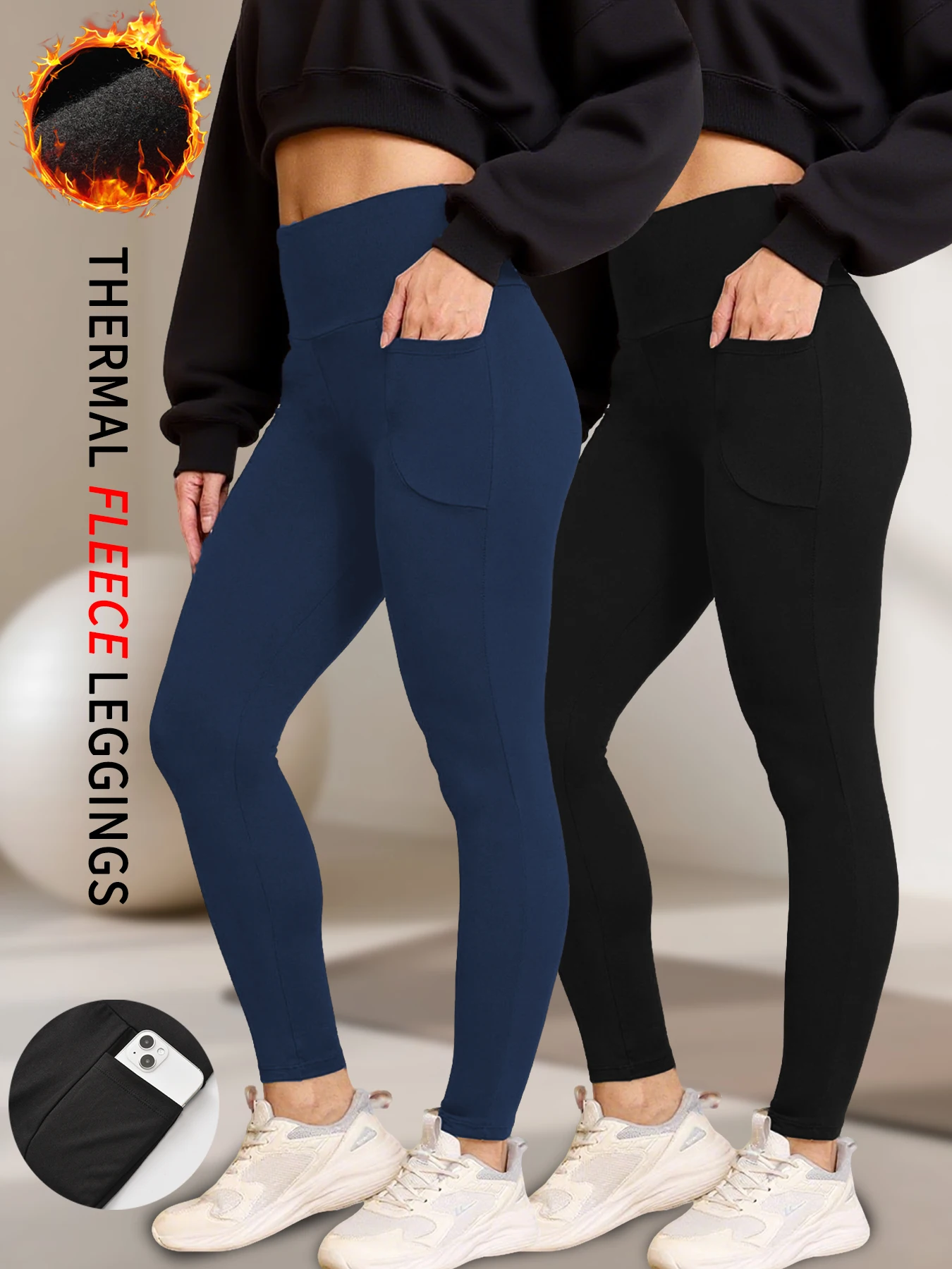 

2 pack Thermal Fleece Lined Leggings with Pockets for Women-High Waisted Tummy Control Winter Warm Tights Workout Running Pants