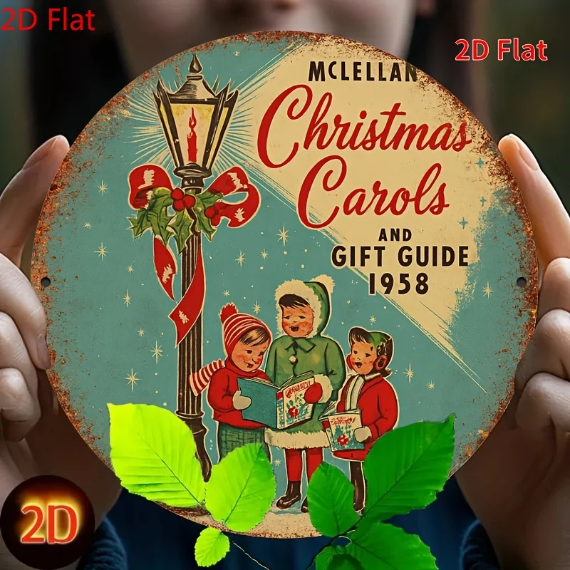 [2D Flat] 1958 Vintage Christmas Carol Sign, 8-inch x 8-inch Metal Wall Decor, Featuring Santa Claus, Snowmen, and Gift Scenes