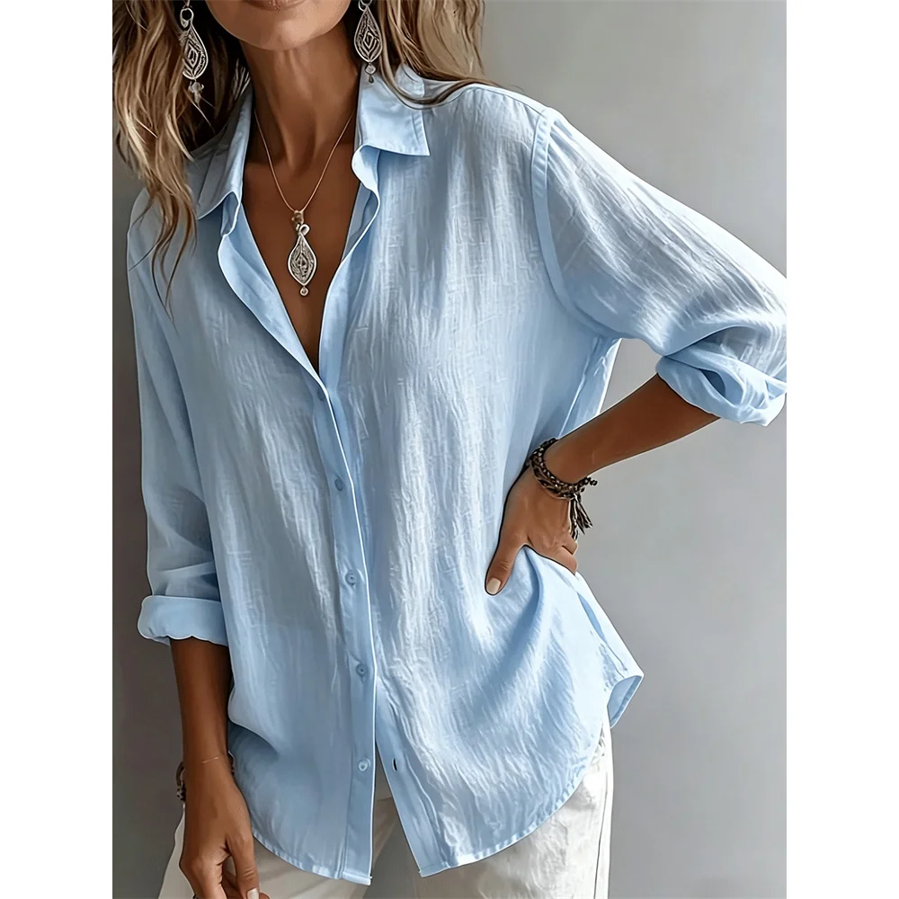 Damen Langarm Lose Passform Baumwolle-Leinen-Hemd Einfarbig Modisch Schlichter Stil Atmungsaktiv Leicht Lässige Oversize-Hemden – Detail 9