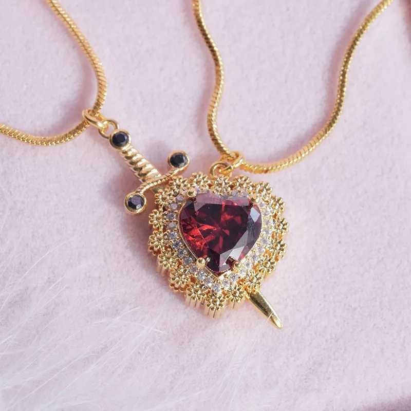 Punk Sword Love Shape Diamond Necklace Gothic Red Gemstone Heart Pendant Chain Couple Jewelry Accessories Xmas