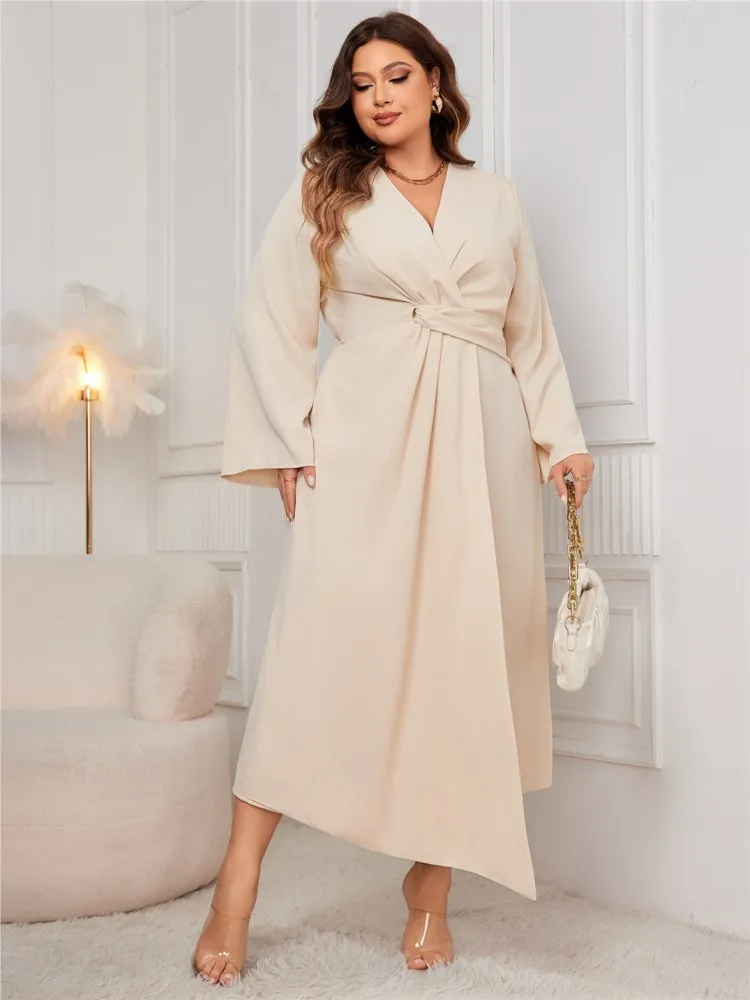 Robe longue plissée irrégulière à col en V pour femmes, grande taille, mode élégante, taille mince, robes à manches longues pour femmes, automne