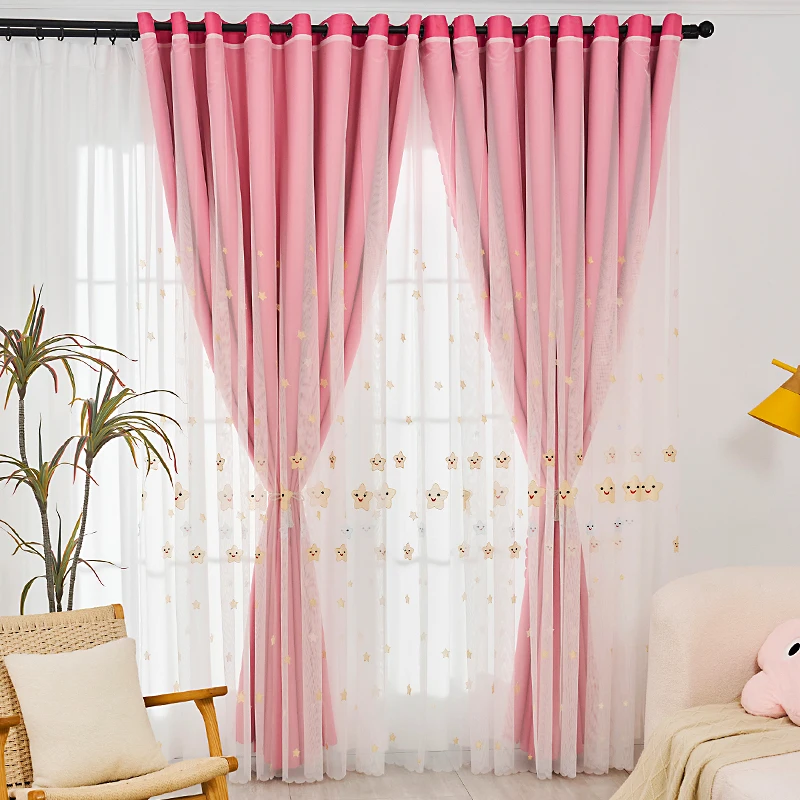 ผ้าม่านสองชั้นสีชมพูน่ารัก 1 ชิ้น พร้อมลายปักดาว ตกแต่งหน้าต่างสไตล์โมเดิร์นสำหรับห้องนั่งเล่นและห้องนอน
