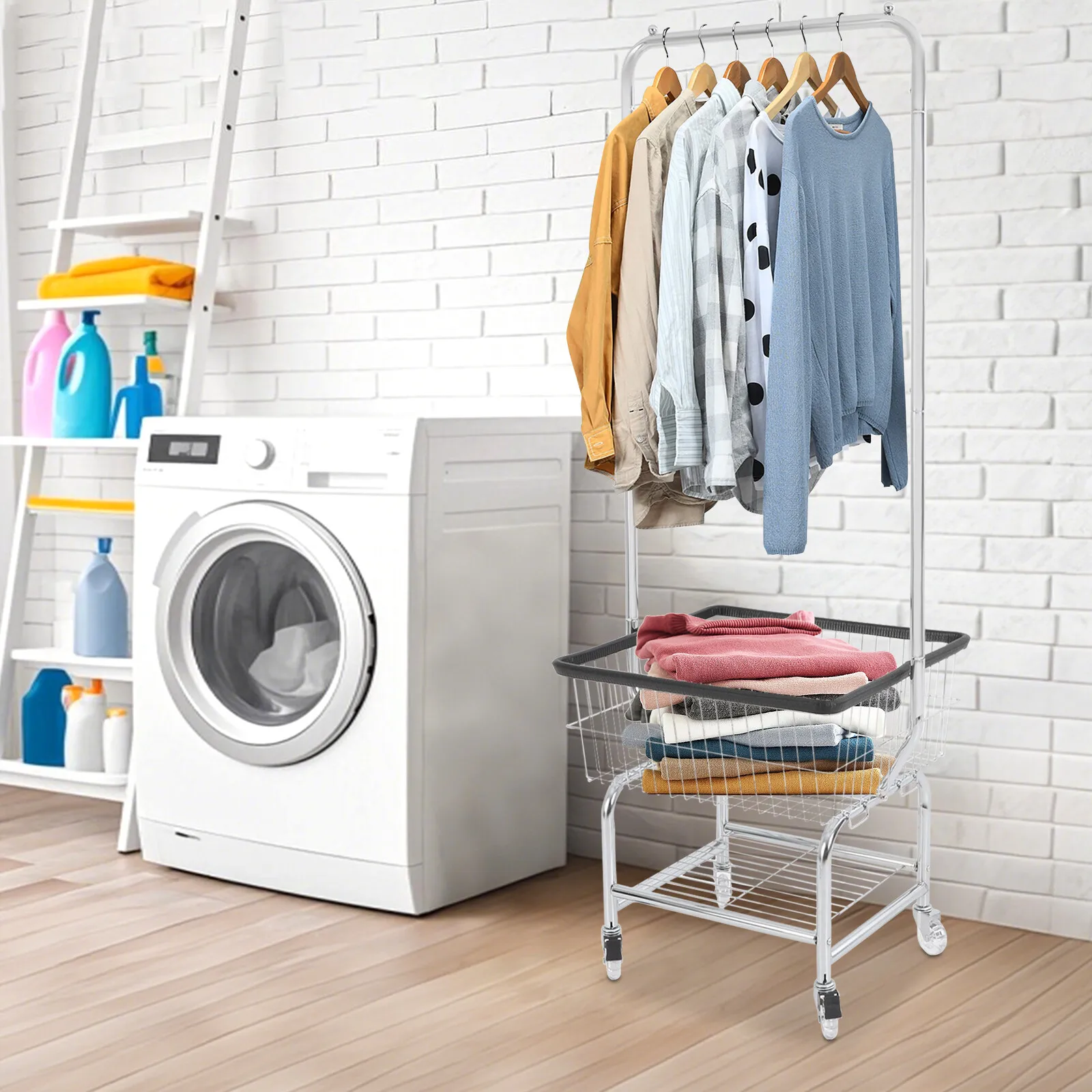

Large Capacity Laundry Cart with Hanging Rod Rolling Clothes Storage Organizer Utility Cart for Home and Laundry Room Use