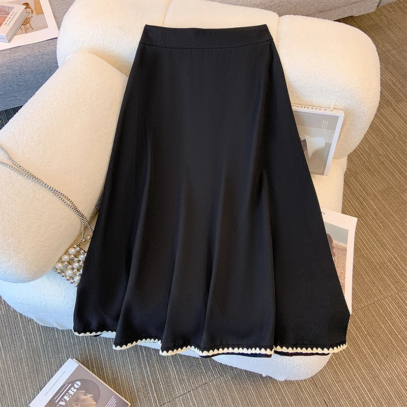 Plus-size women\'s Spring Casual Skirt Black Polyester commuter skirt Loose comfortable elegant party dress Lace skirt thick