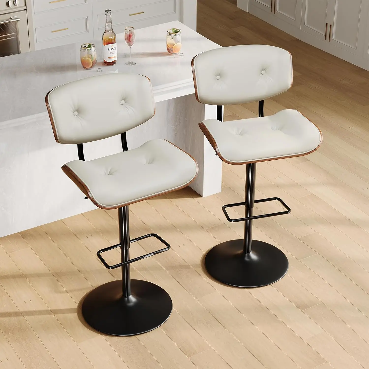 Adjustable Bar Stools Set of 2,Swivel Bar Stools with Back,Modern PU Leather Upholstered and Bentwood Bar Chair