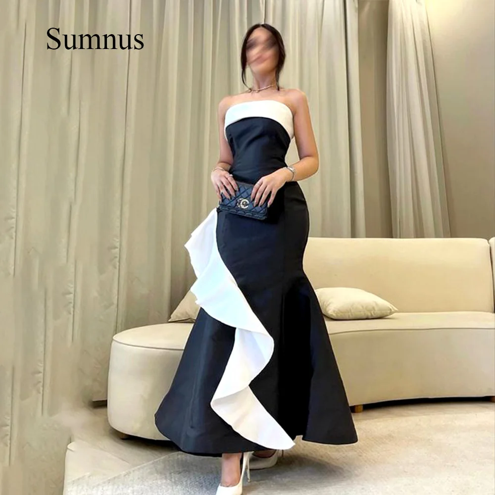 SUMNUS Patchwork Mermaid Evening Dresses Ruched Satin Floor Length Formal Dubai Party Gowns Asymmetric Prom Gowns Strapless 2024