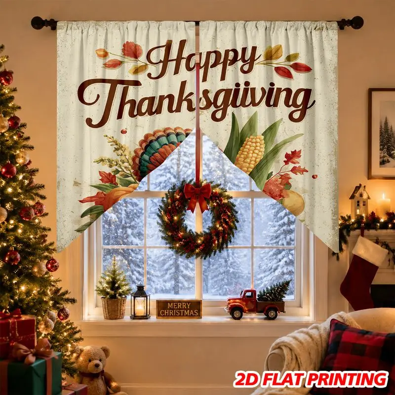 VIKAMA Happy Thanksgiving Triangle Curtains, Short Curtains with Watercolor Turkey and Corn Harvest Print, Fall Home Decor