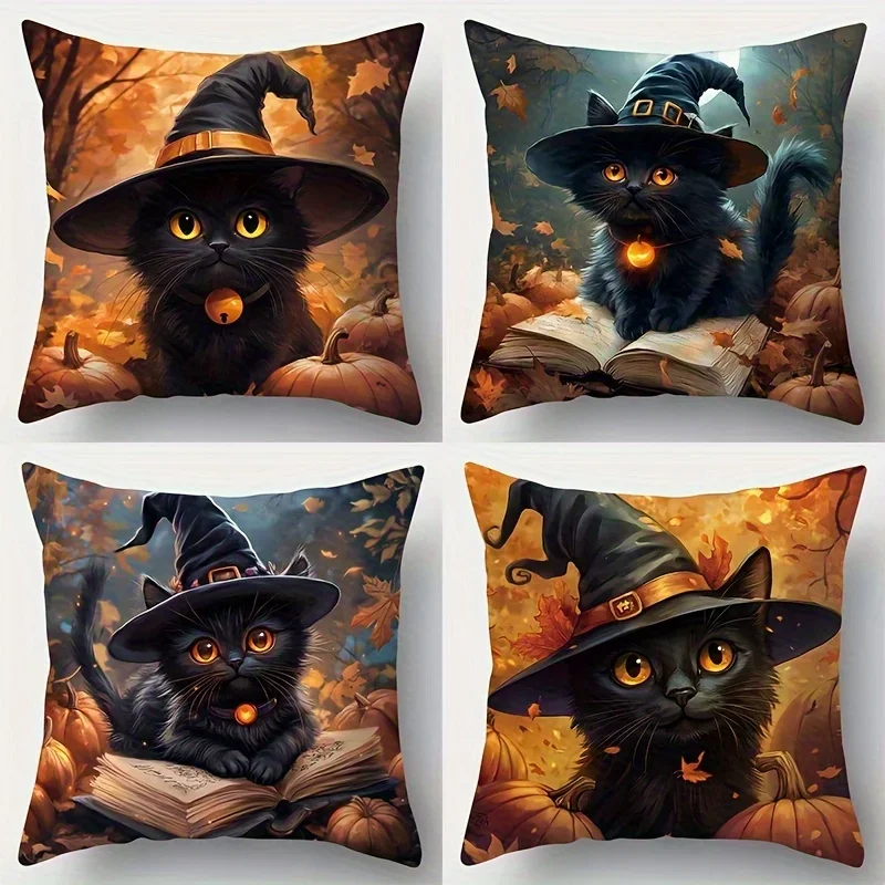 Halloween Black Cat Pillow Covers Set of 4 Witch Pumpkin Throw Pillow Case Cushion Cover for Sofa Couch Farmhouse Home Decor