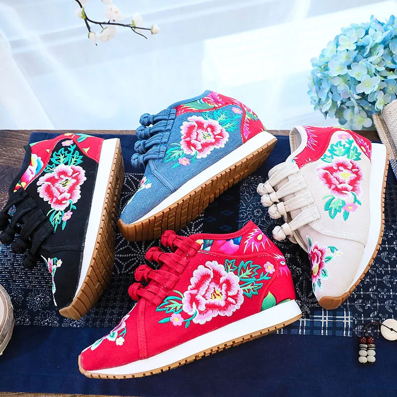 Fashion Single Shoes/plush Women Casual Canvas Embroidered Sneakers Mid Top Lace Up Ladies Comfort Denim Cotton Travel Shoes