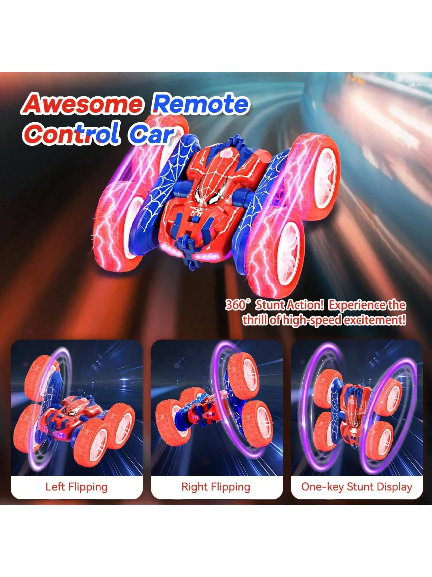 Spider RC Stunt Car, All-Terrain Off-Road, 360° Flip Double-Sided Drive, LED Spray, USB Recharge Kids Holiday Gift