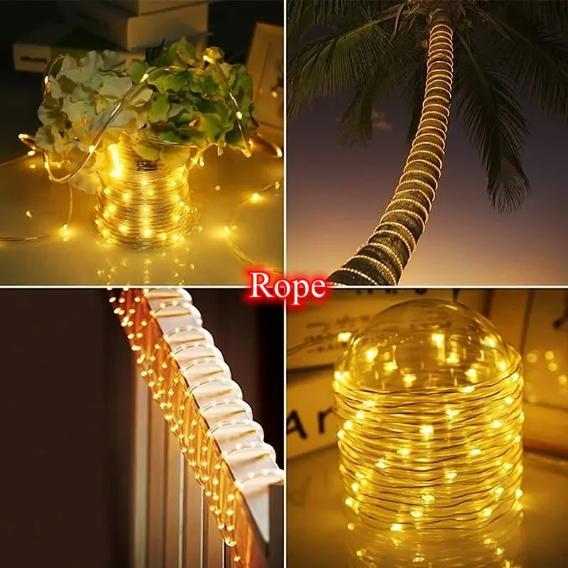 Solar Powered Garland String Luz, LED, Strip Corda, Tubo, Fada, Ao ar livre, Decoração de Natal, Jardim, Gramado, Árvore, Quintal, Cerca