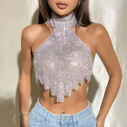 Dazzling Shiny Rhinestone Women Camisole Sexy Backless Halter Neck Off The Shoulder Sling Tank Top Vocal Concert Party Crop Top