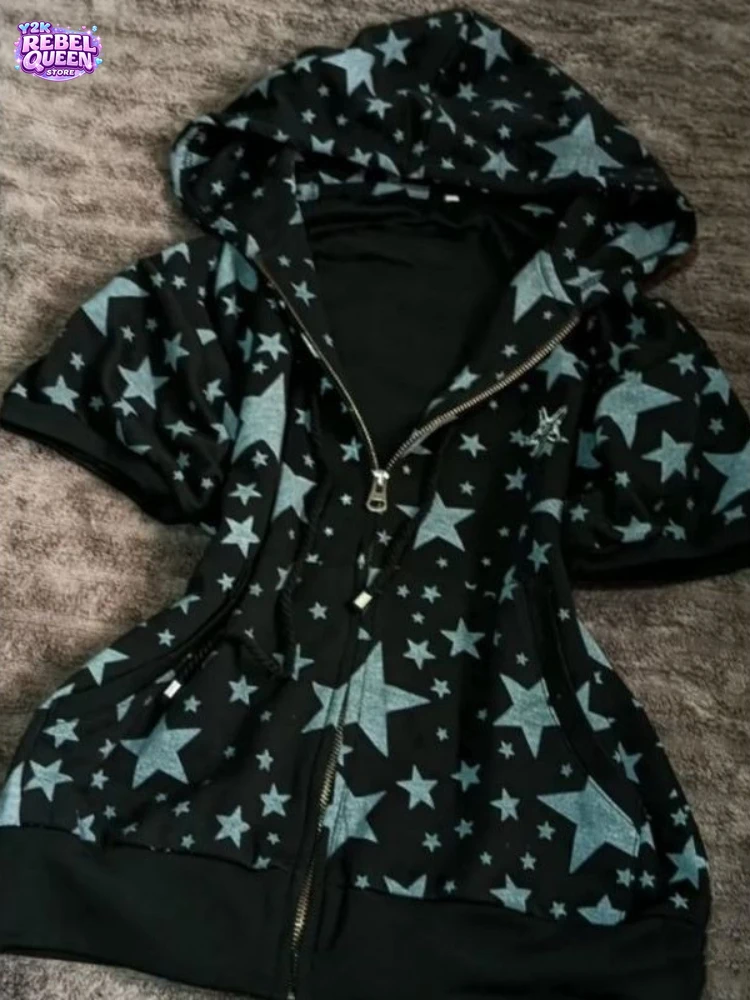 

Vintage Subculture Y2K Jacket Women Star Print Zipper Short Sleeve Hooded Top Spring Summer Streetwear Fashion Popular Clothes