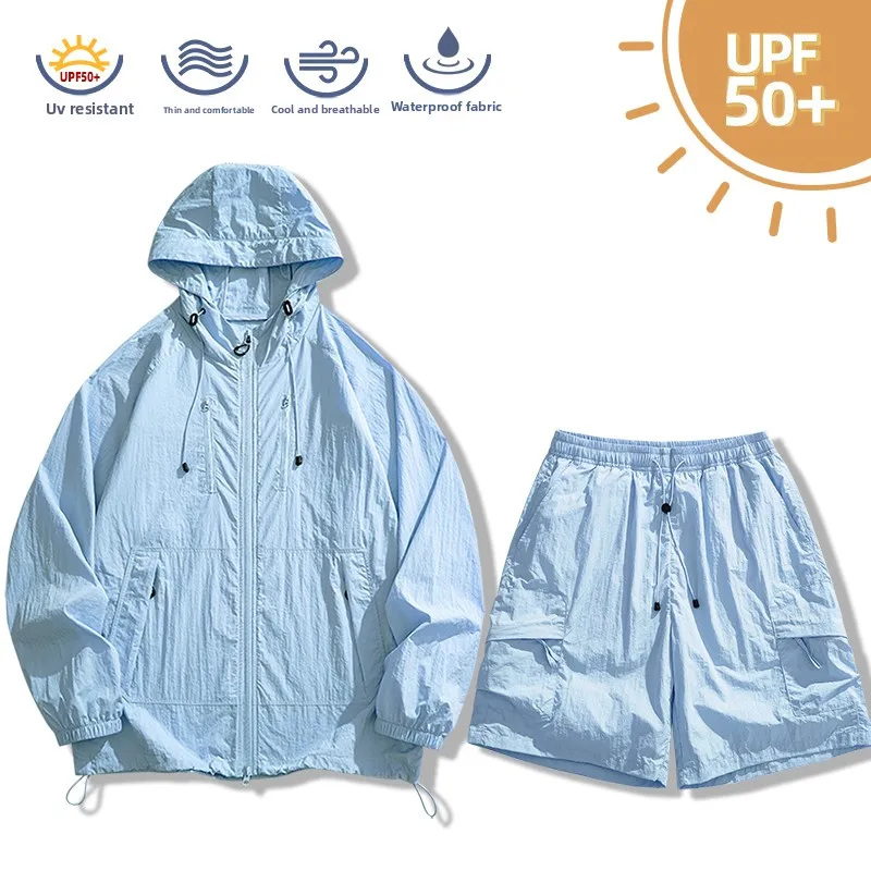 

Maxbarley Men Windbreaker 2 Piece Set Summer Sports Breathable Sunscreen Jacket+Shorts Set Fishing Ice Silk Skin Sportswear Suit