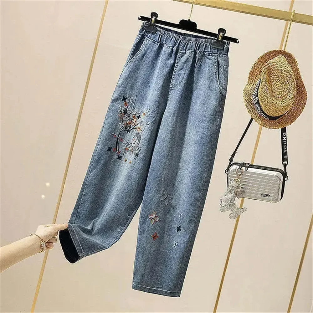 2024 New Arrival Spring Autumn Women Loose Flower Embroidery Ankle-Length Pants Cotton Denim Harem Pants Casual Retro Jeans