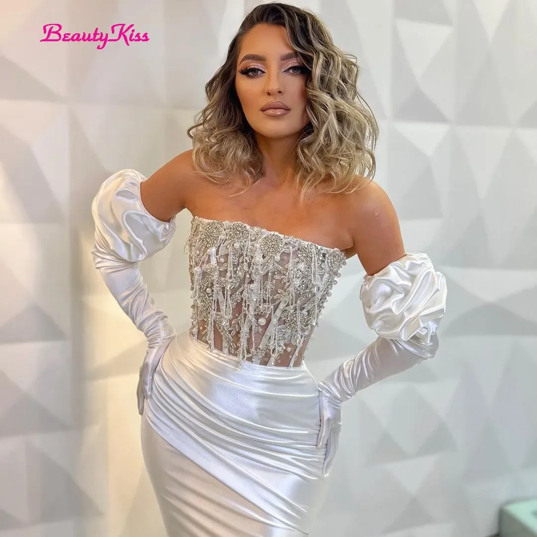 Sexy Wedding Dresses Mermaid Strapless White Bride Dress Beadings Sweep Train Princess Wedding Evening Gowns Plus Size