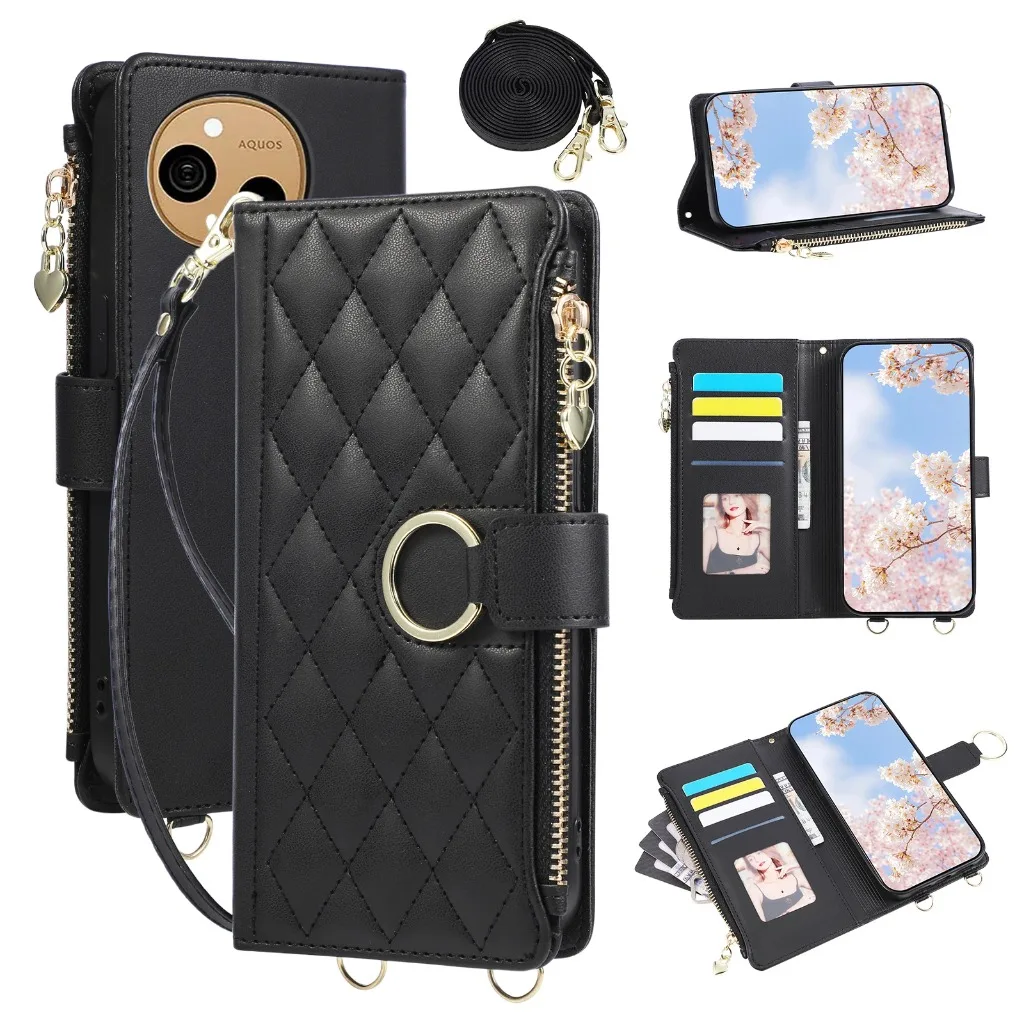 Funda de teléfono tipo billetera acolchada con cremallera para Sharp Aquos R8 R9 R9Pro R10 Sense 4 6 7 9 9 10 Wish 3 4 5, funda con correa cruzada y tarjetero