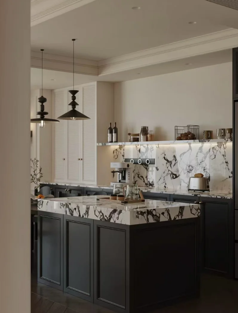 ji-Vintage Inspired Luxury Wood Kitchen Cabinet Matte Black Doors Retro Routed Panels Custom Stone Countertop Creating Elegant