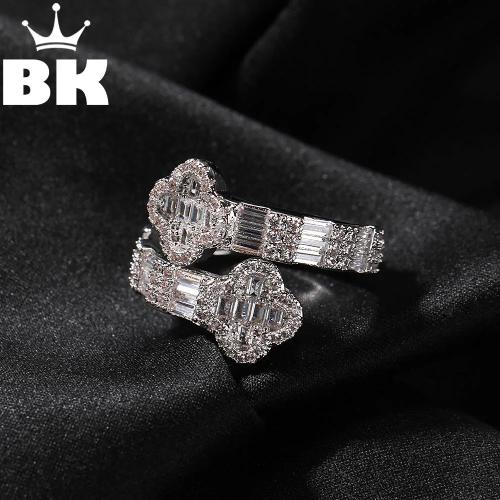 

THE BLING KING Four Leaf Clover Open Cuff Ring For Women Girl Iced Out Baguettecz Double Flower Charm Cute Luxury Jewelry Gift