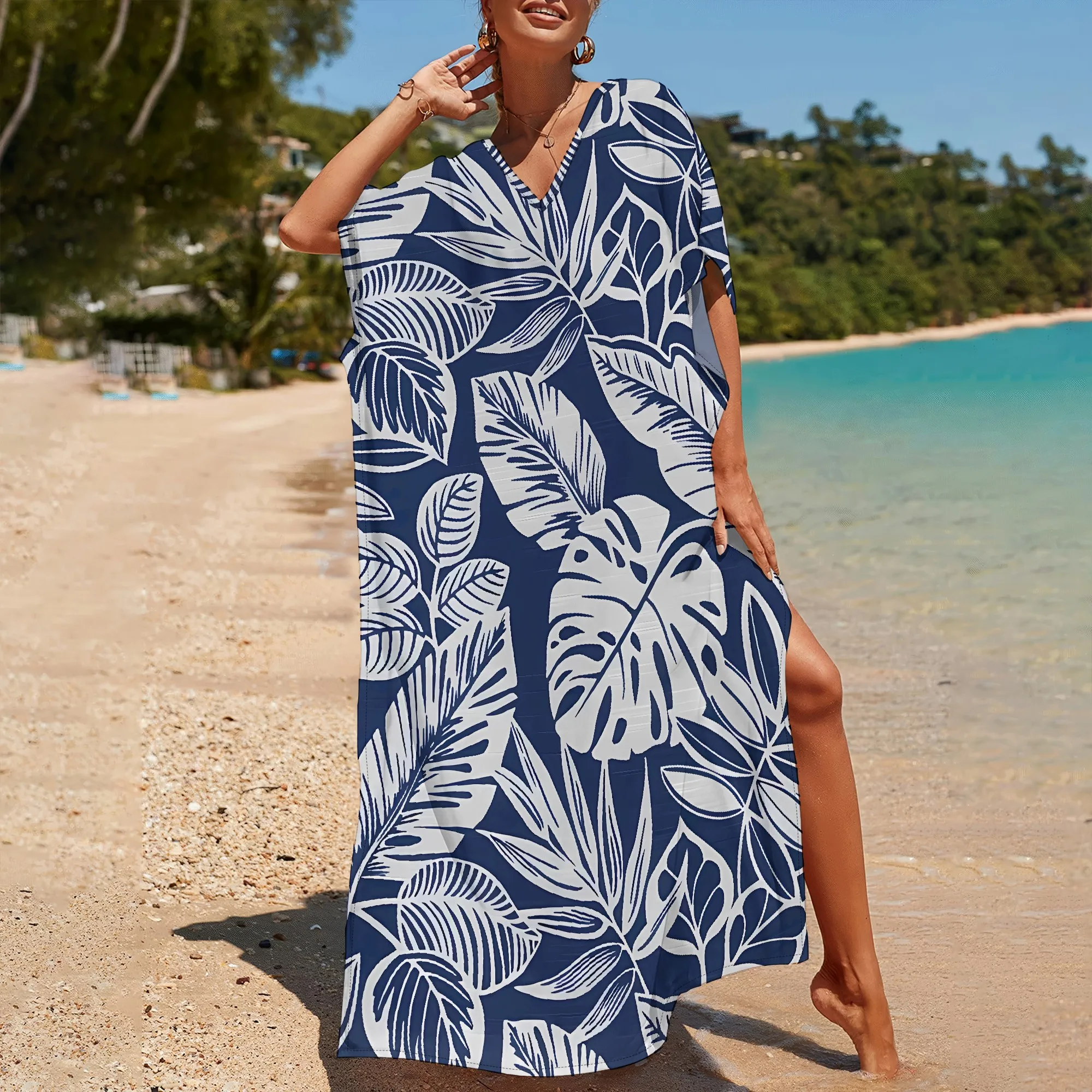 

Nupusa Tropical Leaf Print Kaftan Dress for Women Standard Size Summer Casual V Neck Short Sleeve Maxi Dress