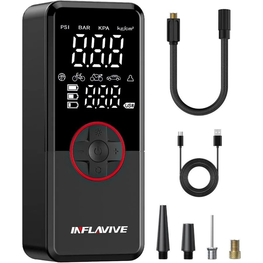 Portable Air Compressor Cordless Electric Bike Pump 150PSI Fast Inflation with LED Light Pressure Gauge and Deflation Mode for