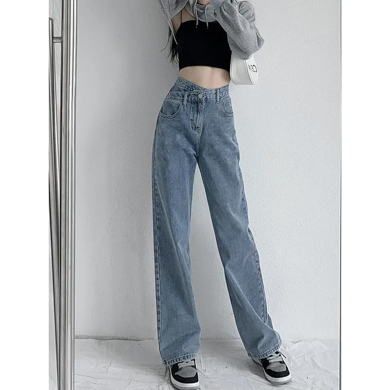 Women's Trendy Wide Leg Jeans Retro Crossbody High Waist Slimming Denim Straight Long Pants