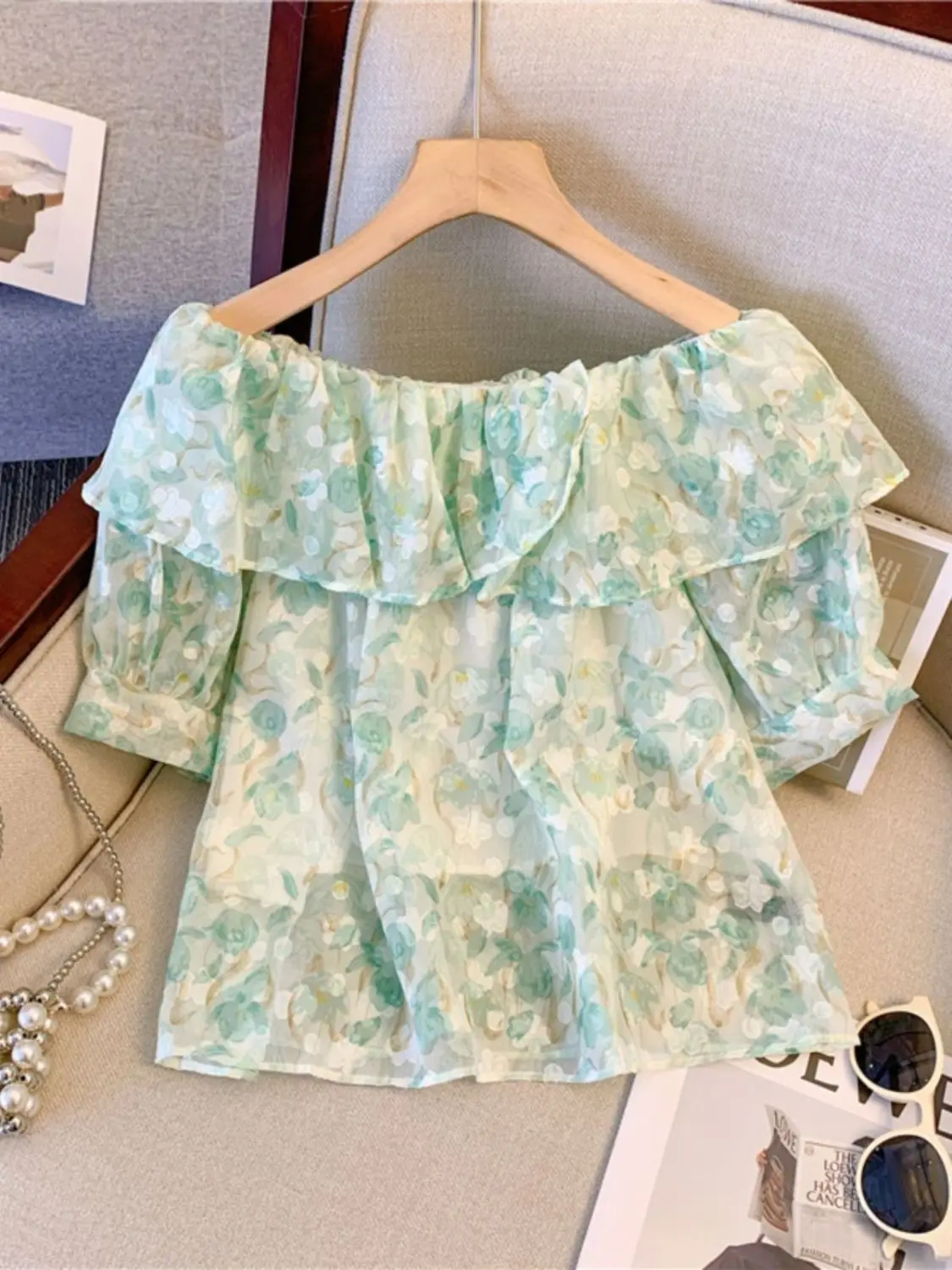 One-length Neck Off-shoulder Small Floral Fresh Chiffon Shirt Women's Ruffle-edged Super Fairy Top