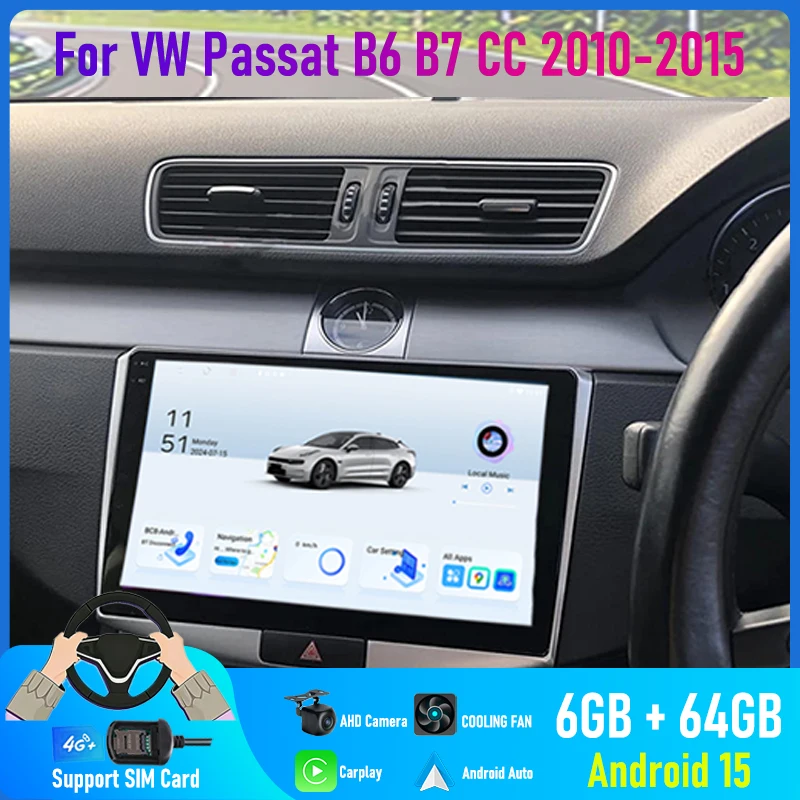 9'' For VW Passat B6 B7 CC 2010-2015 Car Radio 4G SIM Google Map GPS BT Camera Android 15 Auto Carplay FM Reversing Image Stereo