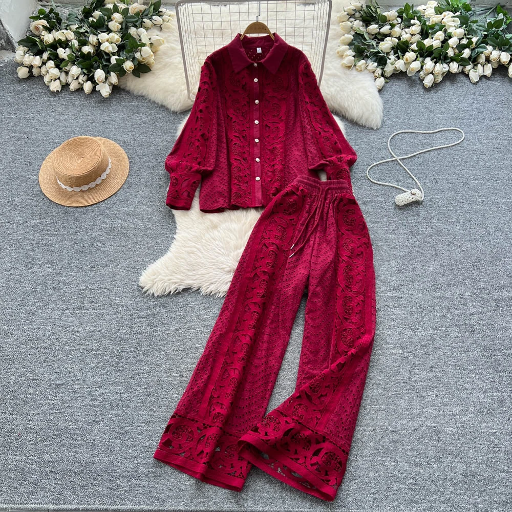 

Французские кружевные брюки, комплект из 2 предметов, рубашка с рукавами-фонариками, широкие брюки, костюм, модные уличные осенние женские комплекты