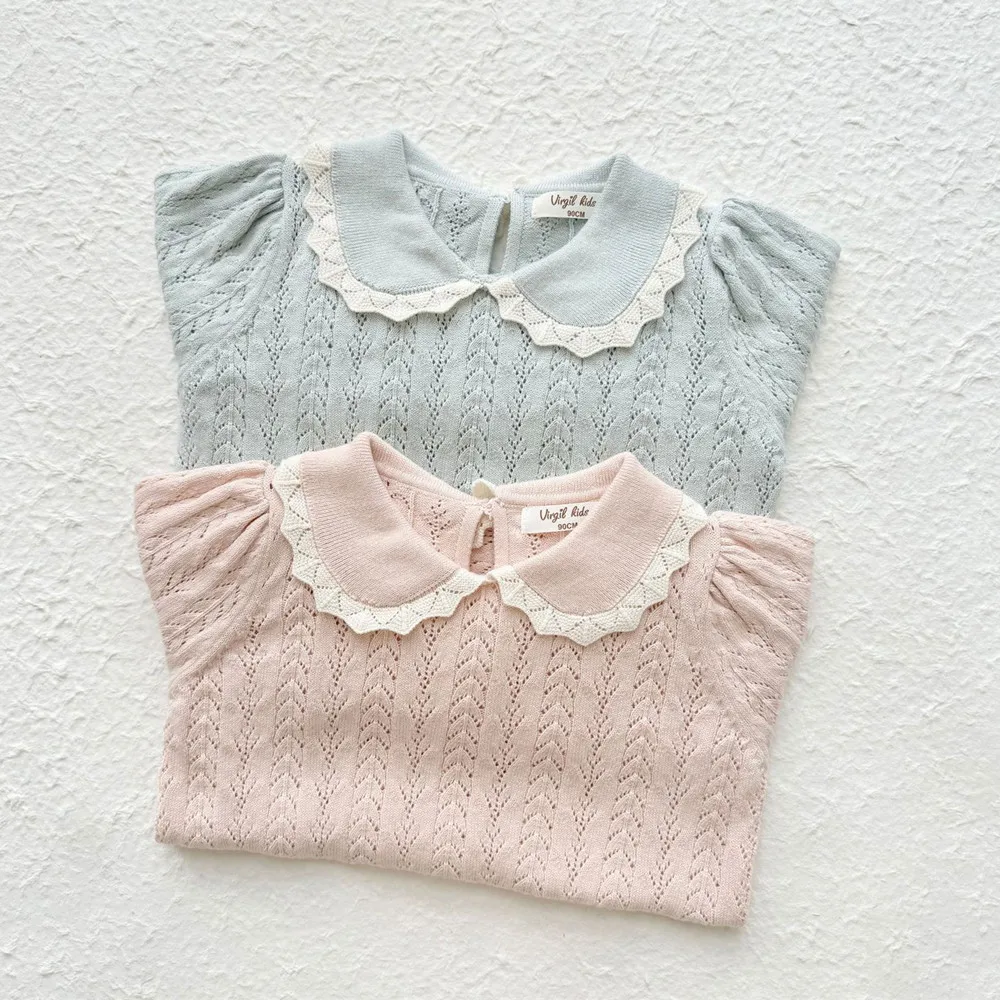 Fall Winter baby girl clothes kids tops Macaron colors Sweet girl's sweater girls Hollow pattern lapel knitted pullover