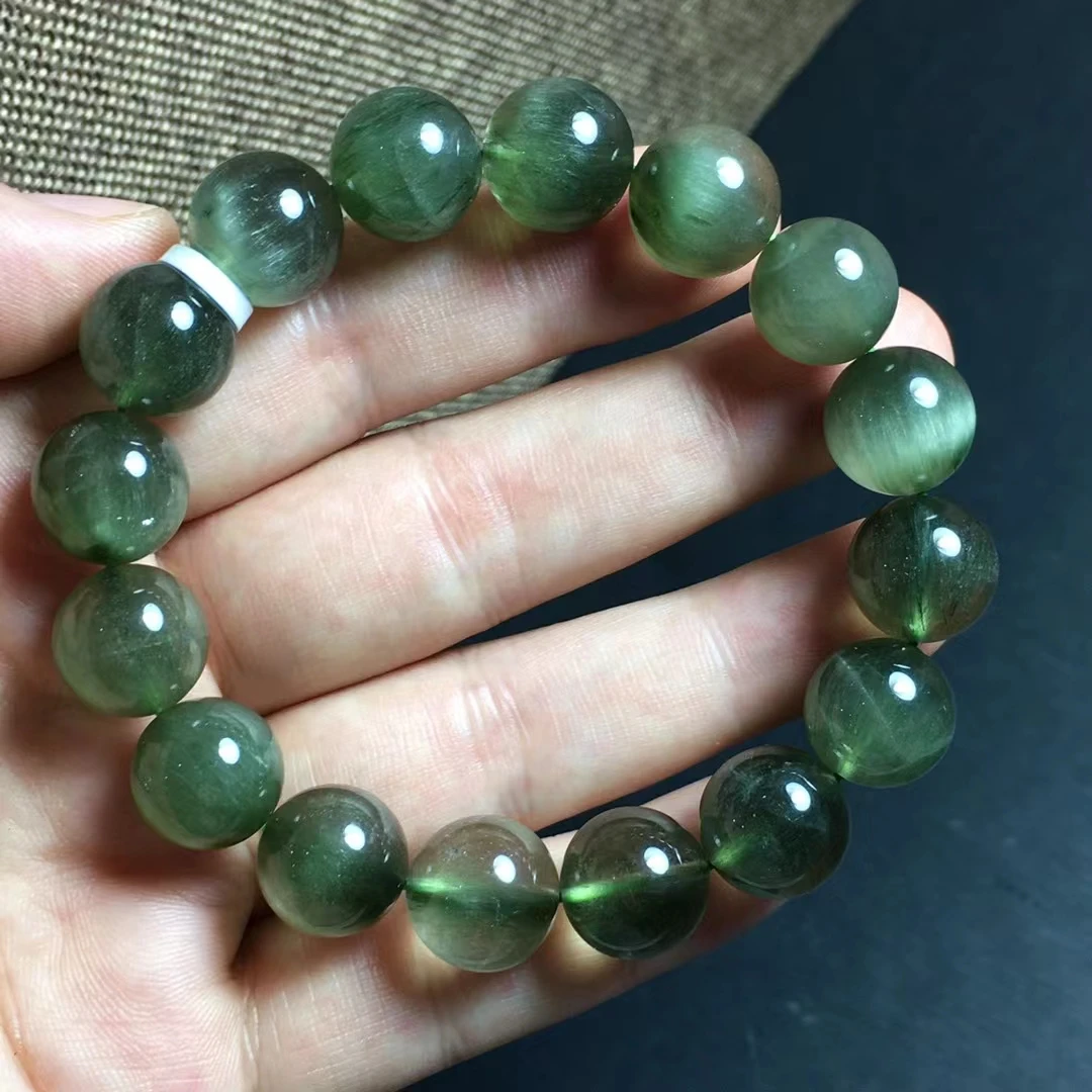 

Natural Green Rutilated Quartz Beads Cat Eye Bracelet Brazil 12.7mm Stretch Crystal Fashion Round Beads AAAAA