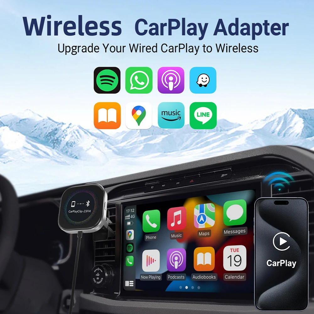 2 in 1 Carplay Wired to Wireless Android Auto Adapter DIY Display Screen Plug&Play Smart Box Aroma Clip on Car Vent for OEM Cars