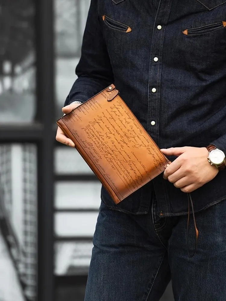 Bolso de mano de cuero genuino para hombre, cartera de mano con cremallera, tarjetero, estampado de letras, Vintage, negocios, novedad