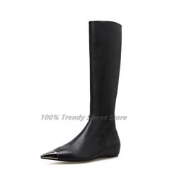 Fashion Runway Flat Bottomed Metal Pointed Long Boots For Women Side Zipper Fashionable Women's Boots