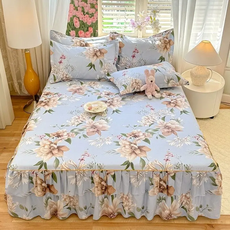 Soft Aloe Vera Cotton Bedskirt with Double Layer Hem Floral Princess Style Ruffled Bed Cover for Girls Room Decor
