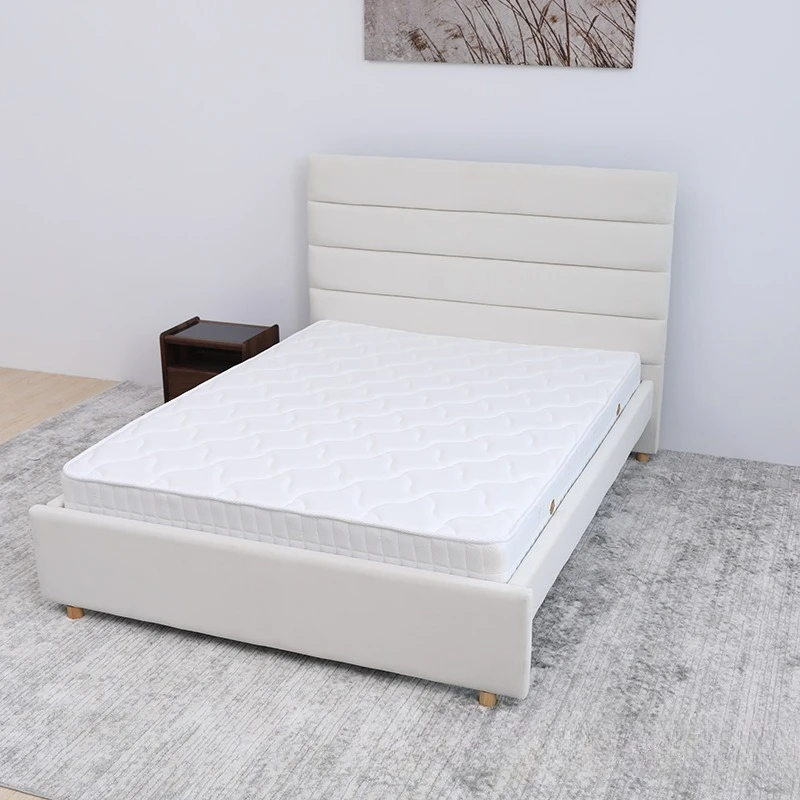 Light luxury cream style beige horizontal strip leather art bed minimalist girls master bedroom double high-end solid wood leath