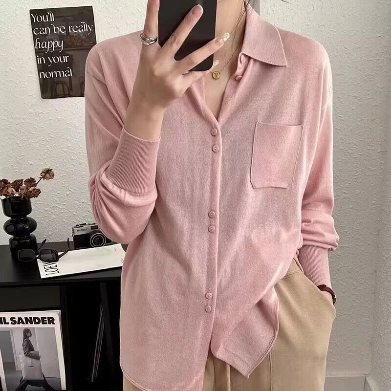 

Spring 2024 Polo Collar Cardigan Sweater Shirt Loose Wool Knit Coat Solid Color Top Women's Clothing Korean Fashion