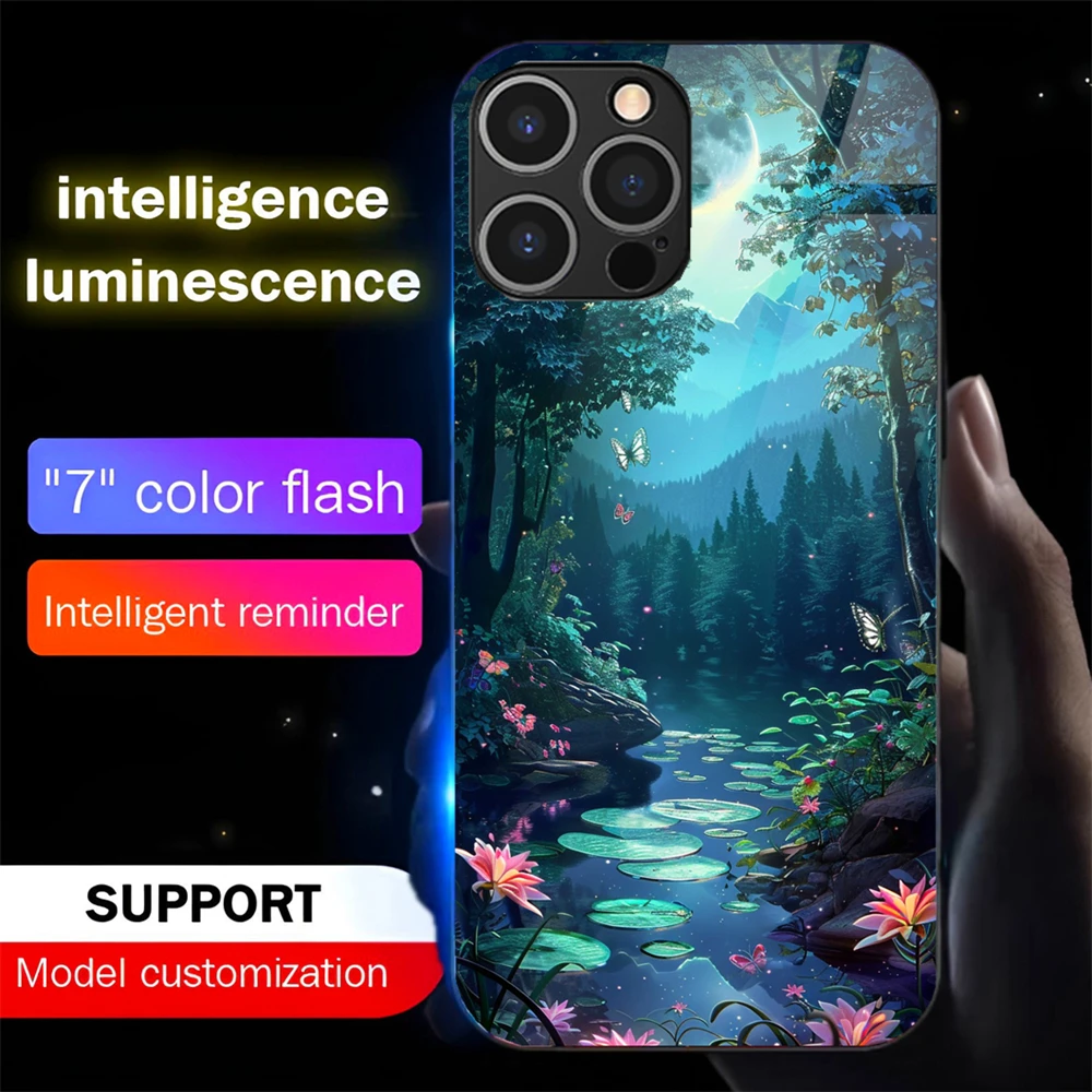 

Pretty Dreamy Forest LED Light Glow Luminous Tempered Glass Phone Case For iPhone 16 E 15 14 13 12 11 Pro Max X XS XR Plus SE