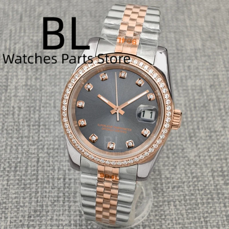 

BLIGER 36 мм 39 мм Роскошный двухцветный корпус из розового золота с бриллиантовым безелем NH35 Механические часы с сапфировым стеклом Sunburst Серый циферблат Водонепроницаемый