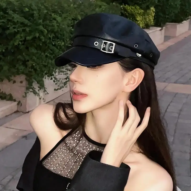 

Versatile Beret Retro Black Leather Flat Top Visor Classic Versatile Newsboy Cap Fashion Adjustable Painter Hat Octagonal Caps