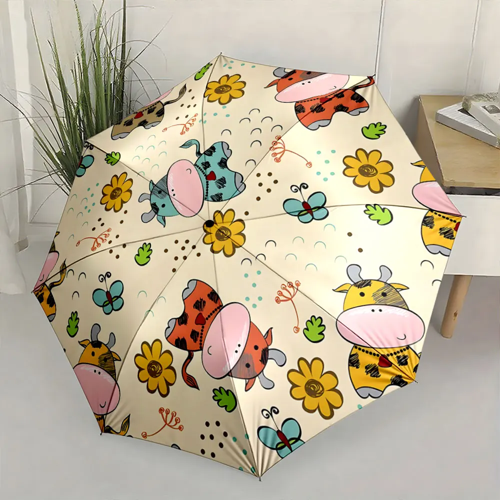 1PC Colorful Cartoon Cow Pattern Umbrella with Flowers Print 8 Iron Ribs Folding Umbrella Auto-Open Fashion Sunshade