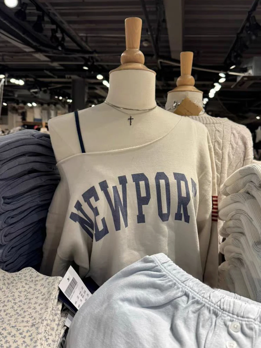 

New Letter Flag Embroidery Sweatshirt Woman Autumn Slash Neck Long Sleeve Cotton Hoodie American Vintage Streetwear Top Y2k