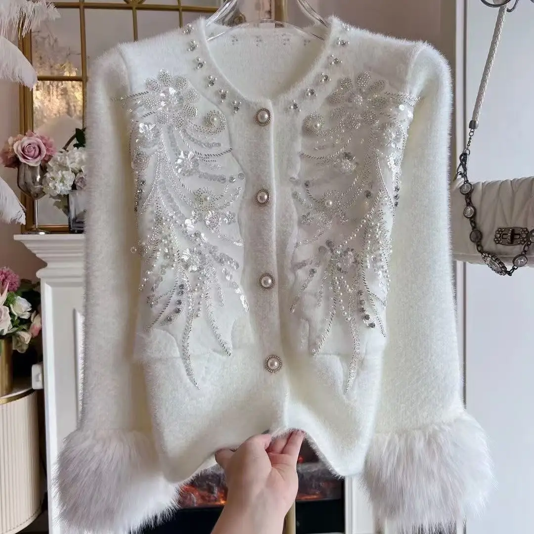 

Осень-зима 2025: теплый свитер из меха норки, пальто для женщин, расклешенный однобортный вязаный кардиган с длинными рукавами и вышивкой, куртка
