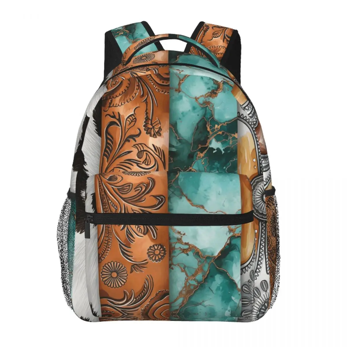 Western Cowhide Turquoise Leather Pattern, Boho Rustic Concho,  Backpack BookBag Children School Bag Computer Shoulder Bags