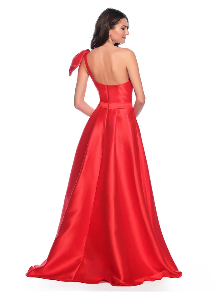 New Arrival One Shoulder Neckline Taffeta A-Line Evening Dress Sexy Open Back Zipper Floor Length High Slit Gown For Women 2024