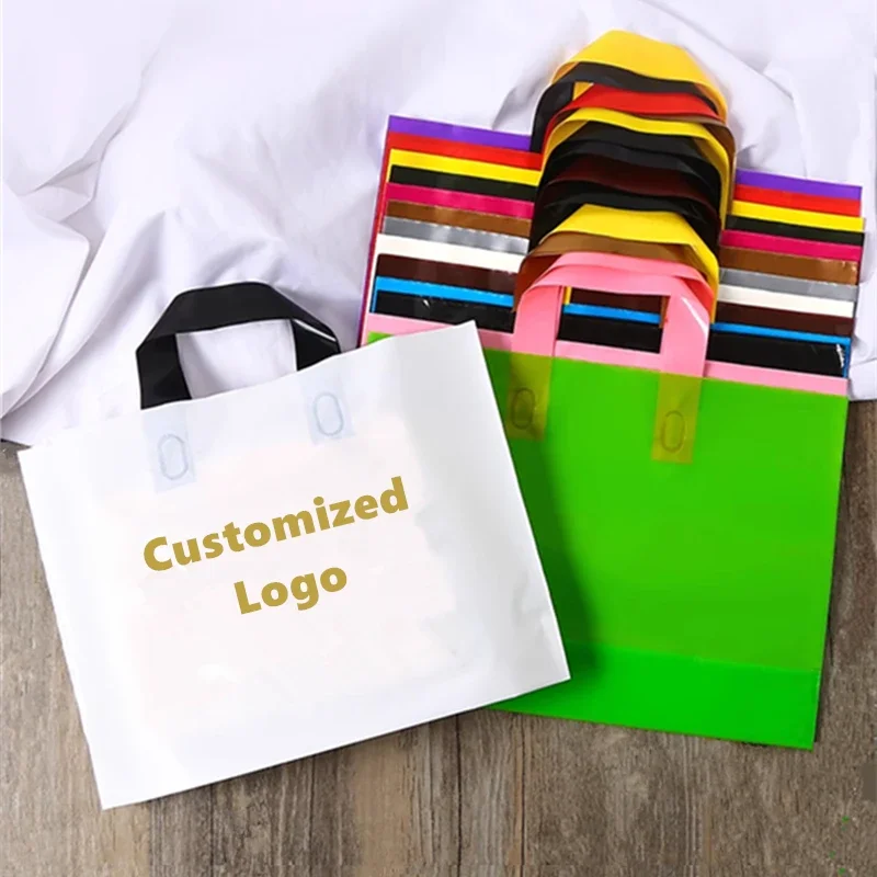 100pcs Custom Logo Colorful Shopping Bags With Handle Plastic Gift Bag Print One Color Logo On Double-sided Free Design Print